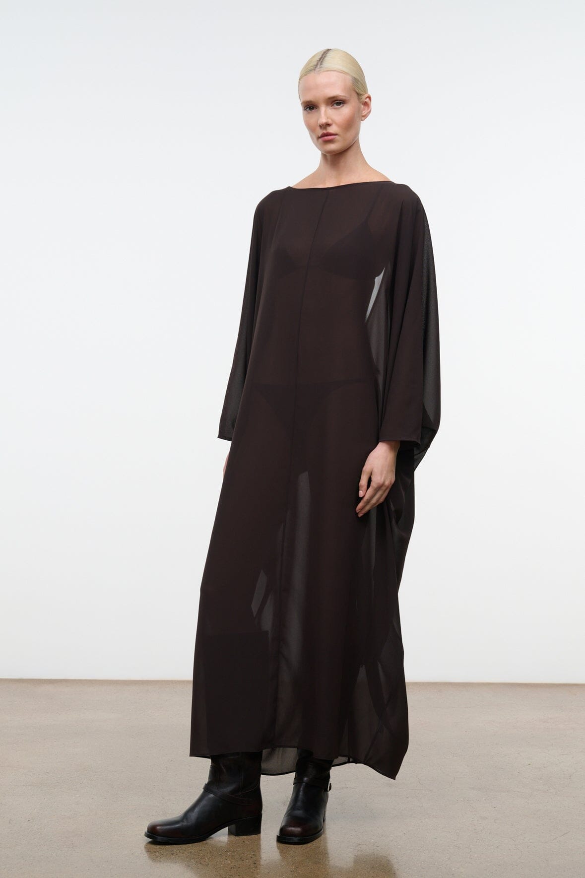 NOUR espresso draped maxi dress with long loose sleeves and round neckline