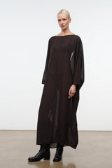 NOUR espresso draped maxi dress with long loose sleeves and round neckline