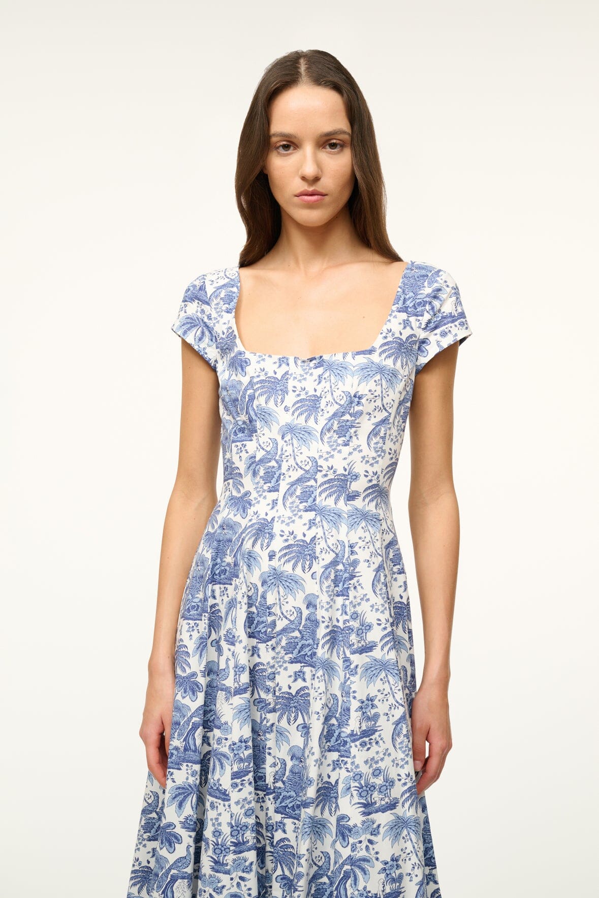 Blue toile short-sleeve dress with square neckline and gathered tiered midi skirt