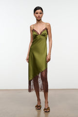 Pear green silk slip dress with spaghetti straps and brown lace hem panels