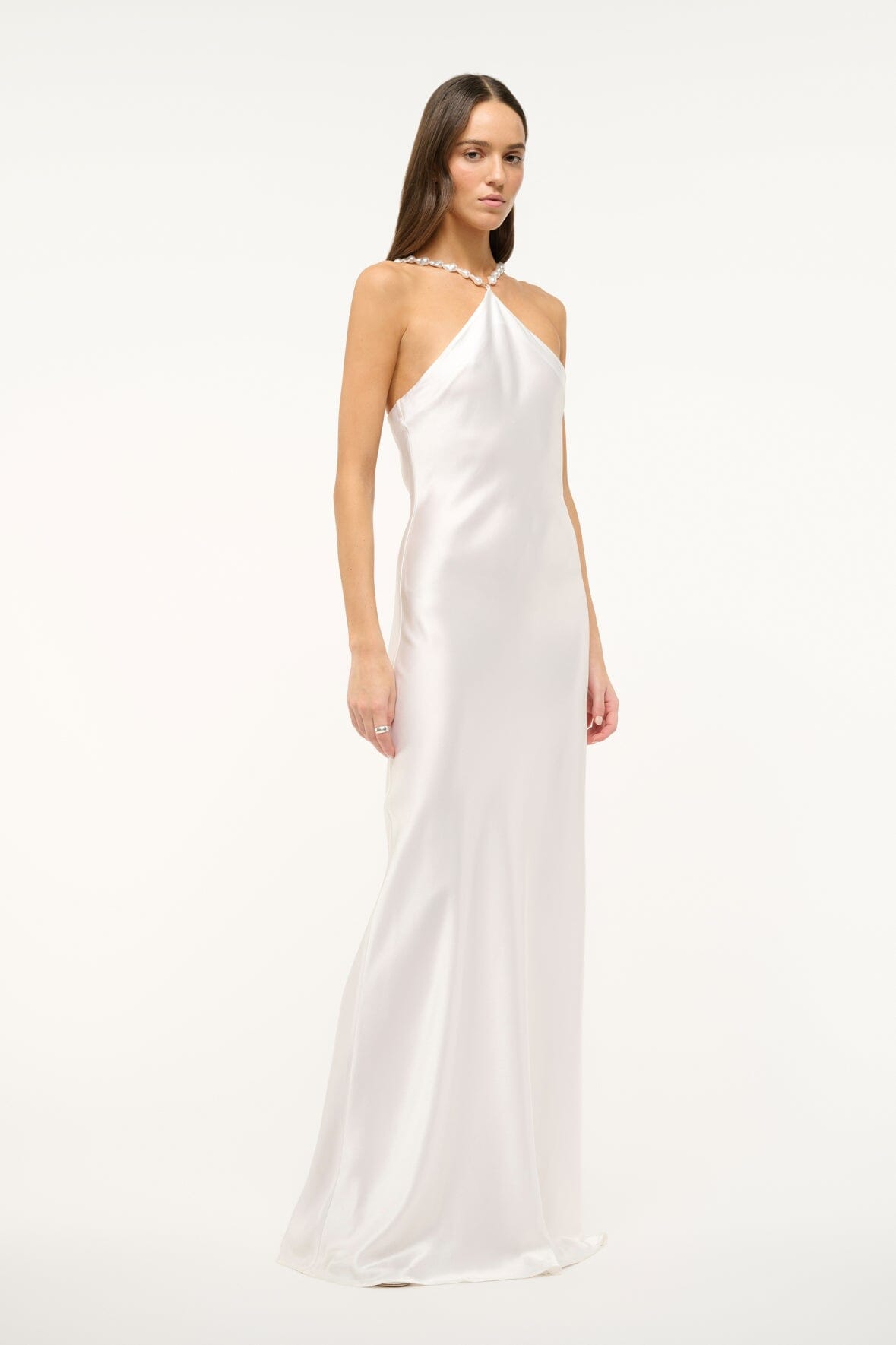 Pearl satin halter maxi dress with thin beaded halter straps