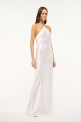 Pearl satin halter maxi dress with thin beaded halter straps