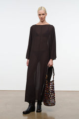 NOUR espresso brown draped dress with wide 3/4 sleeves and straight neckline