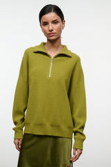 HUDSON cashmere sweater in pear green, quarter-zip mock neck with long sleeves