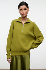 HUDSON cashmere sweater, half-zip collar and dropped-shoulder long sleeves, pear green