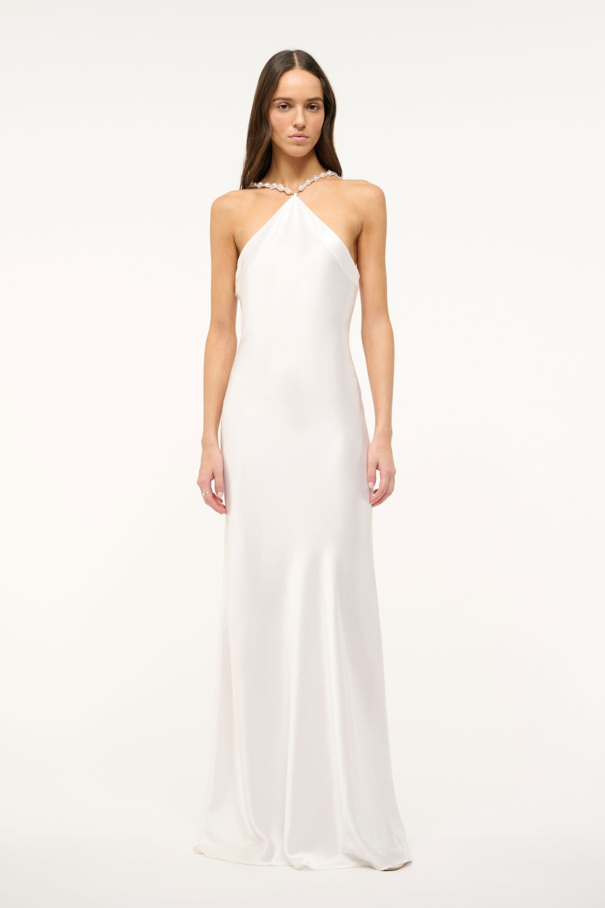 Pearl satin halter maxi dress with draped neckline