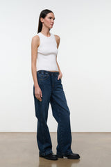 NOAH Heritage jeans dark indigo denim, high-rise wide leg, front three-quarter view