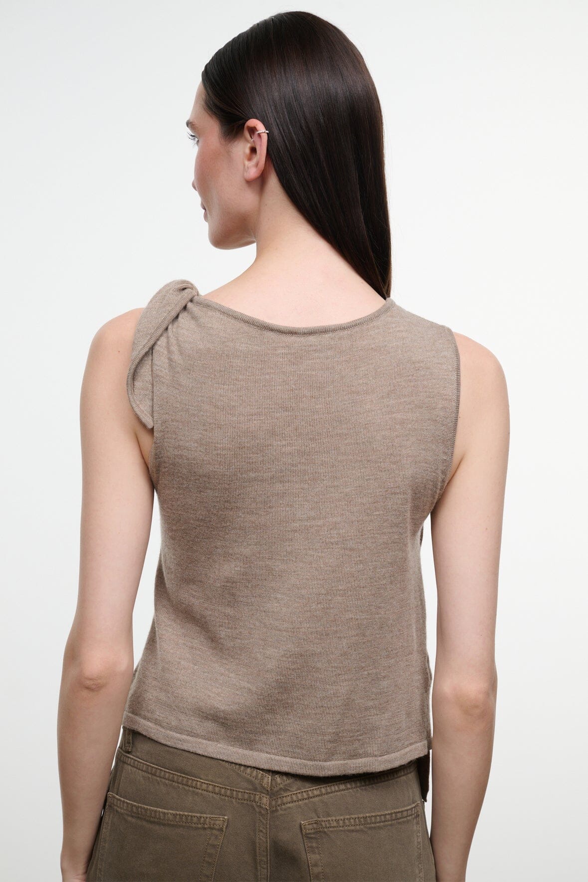 Back sleeveless draped top with gathered neck and open back, sesame beige
