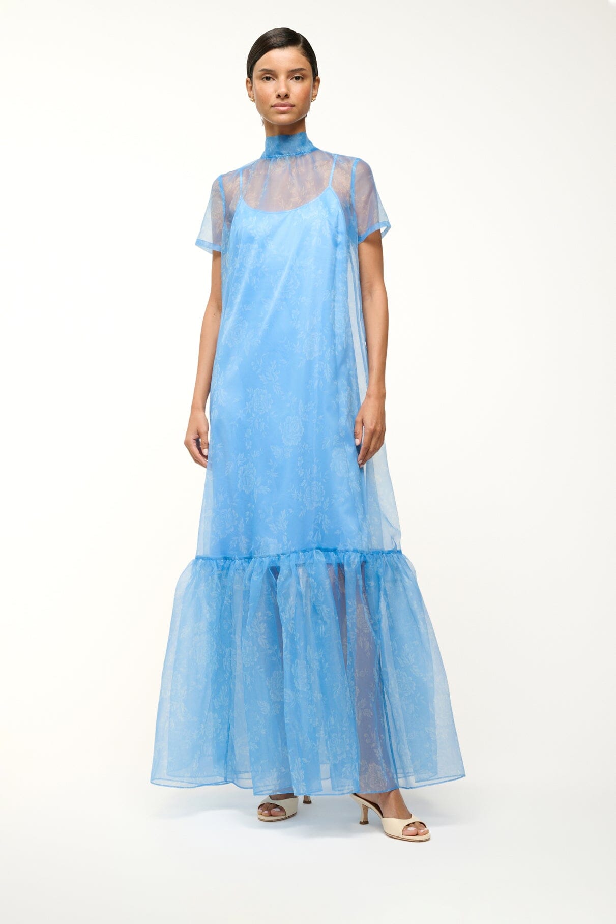 Light blue sheer tiered maxi dress with layered skirt and sleeves