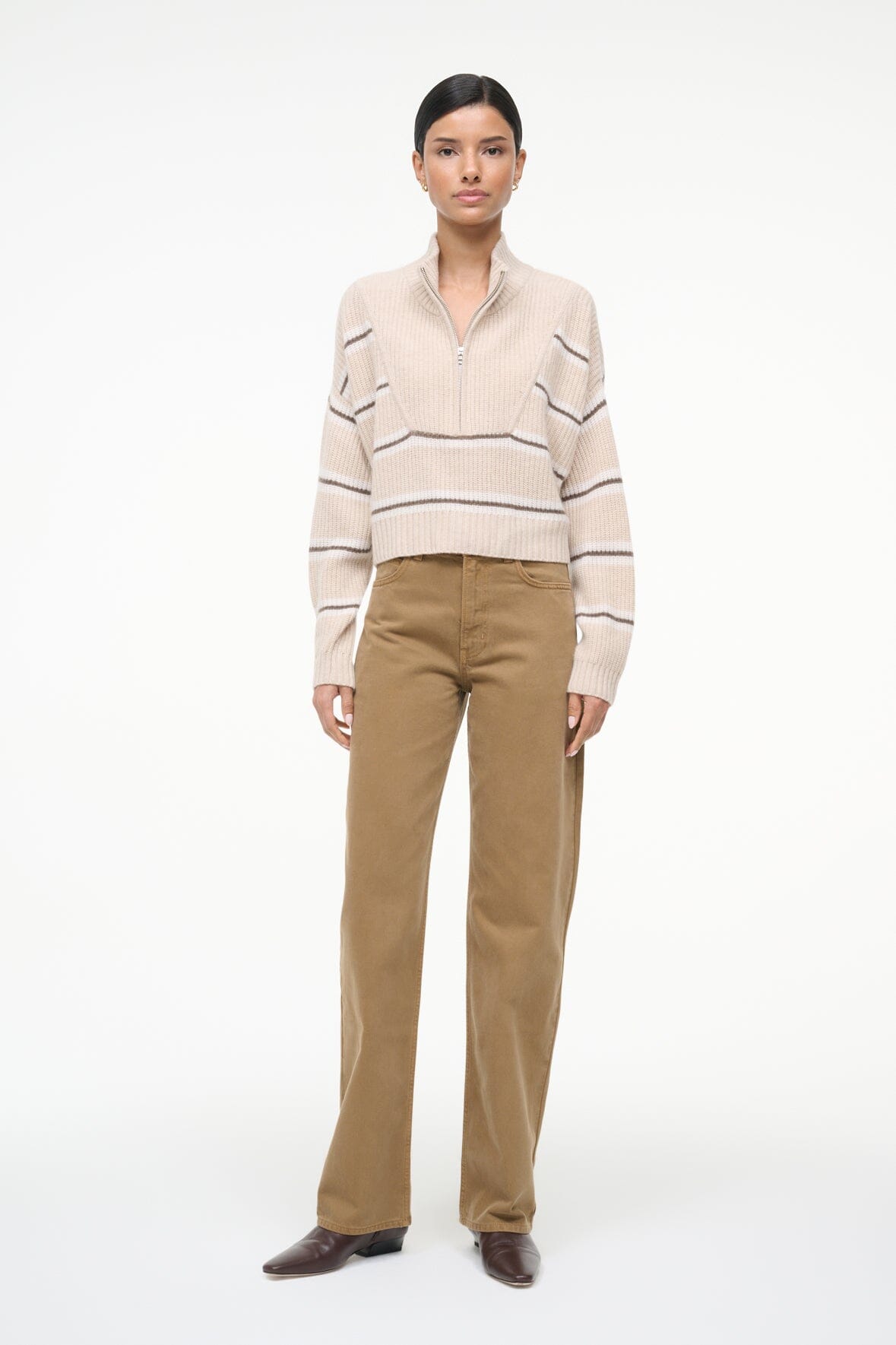 Cropped cashmere sweater with quarter-zip front and striped knit sleeves