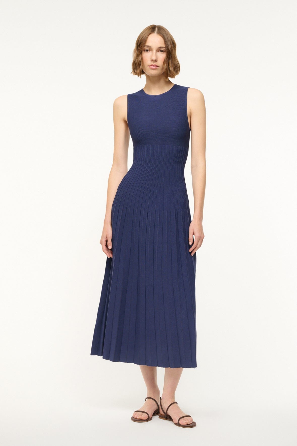 ELYSE navy sleeveless midi dress with high neckline and ribbed waist