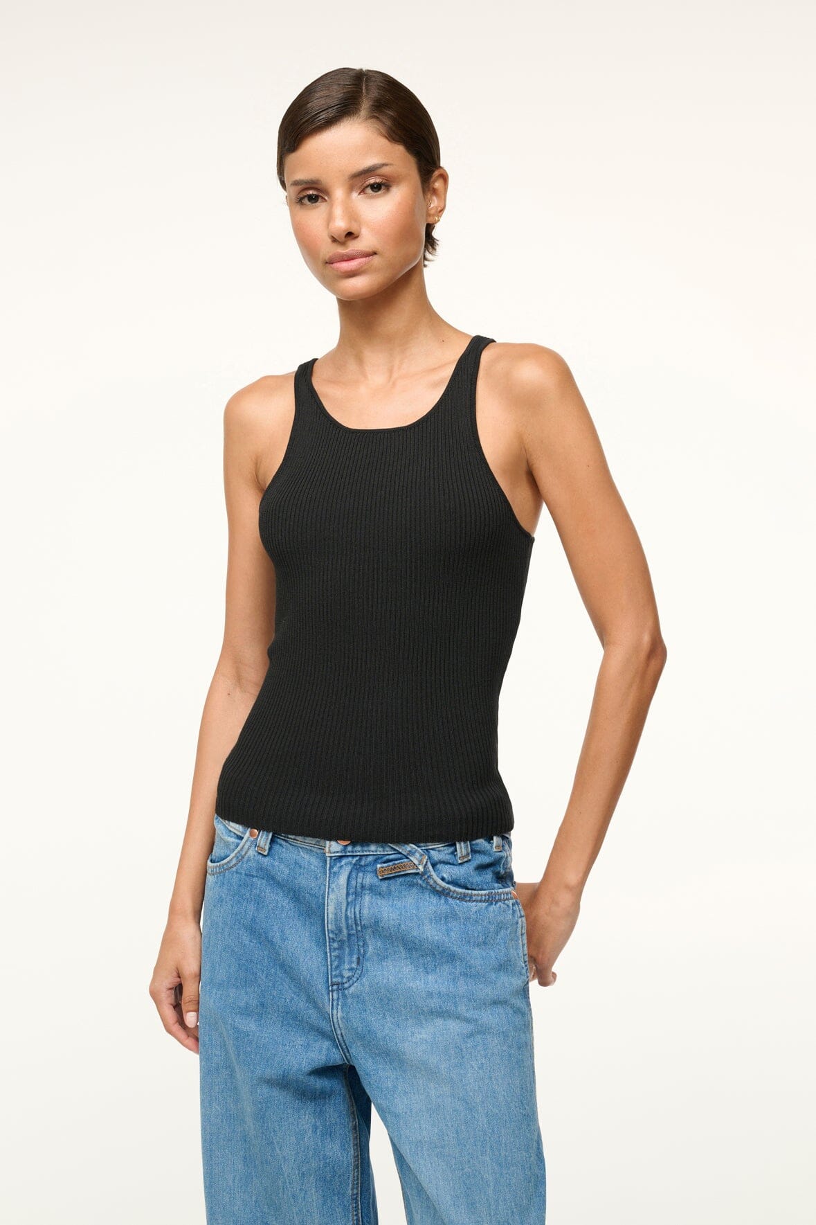 Black ribbed sleeveless tank top with round neckline