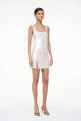 Pearl sequin fringe mini dress full length front, straight hem with dangling tassels