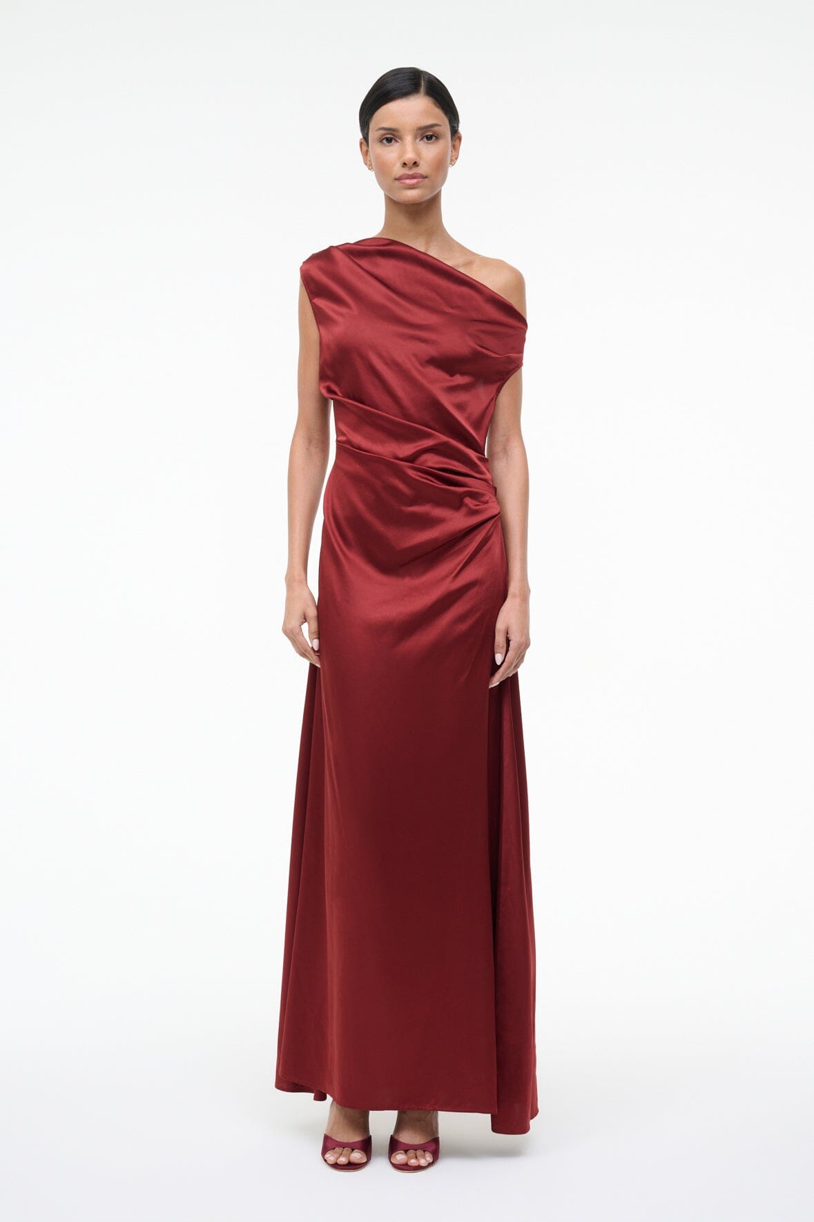 Burgundy silk maxi dress with asymmetrical one-shoulder neckline and gathered waist