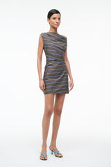 Sleeveless one-shoulder striped mini dress, blue-gray with light-blue horizontal lines