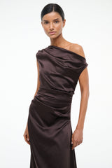 Silk midi dress in dark brown with one-shoulder draped neckline and ruching