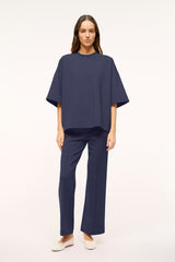 Navy relaxed-fit wide-leg pants with high waist and straight leg