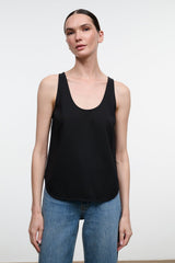 Black sleeveless tank top with scoop neckline and relaxed fit