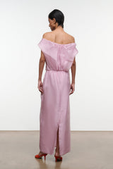 Dusty pink off-shoulder maxi dress, back view with gathered waist and back slit
