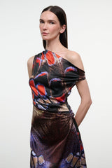 One-shoulder silk dress with dark butterfly pattern, fitted waist and midi skirt