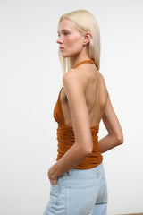 Ruched halter backless top in cocoa-brown with gathered center back