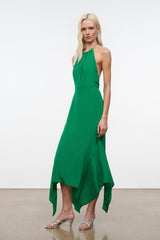 Bianca silk dress in Kelly green, halter neckline, sleeveless, side-draped midi hem