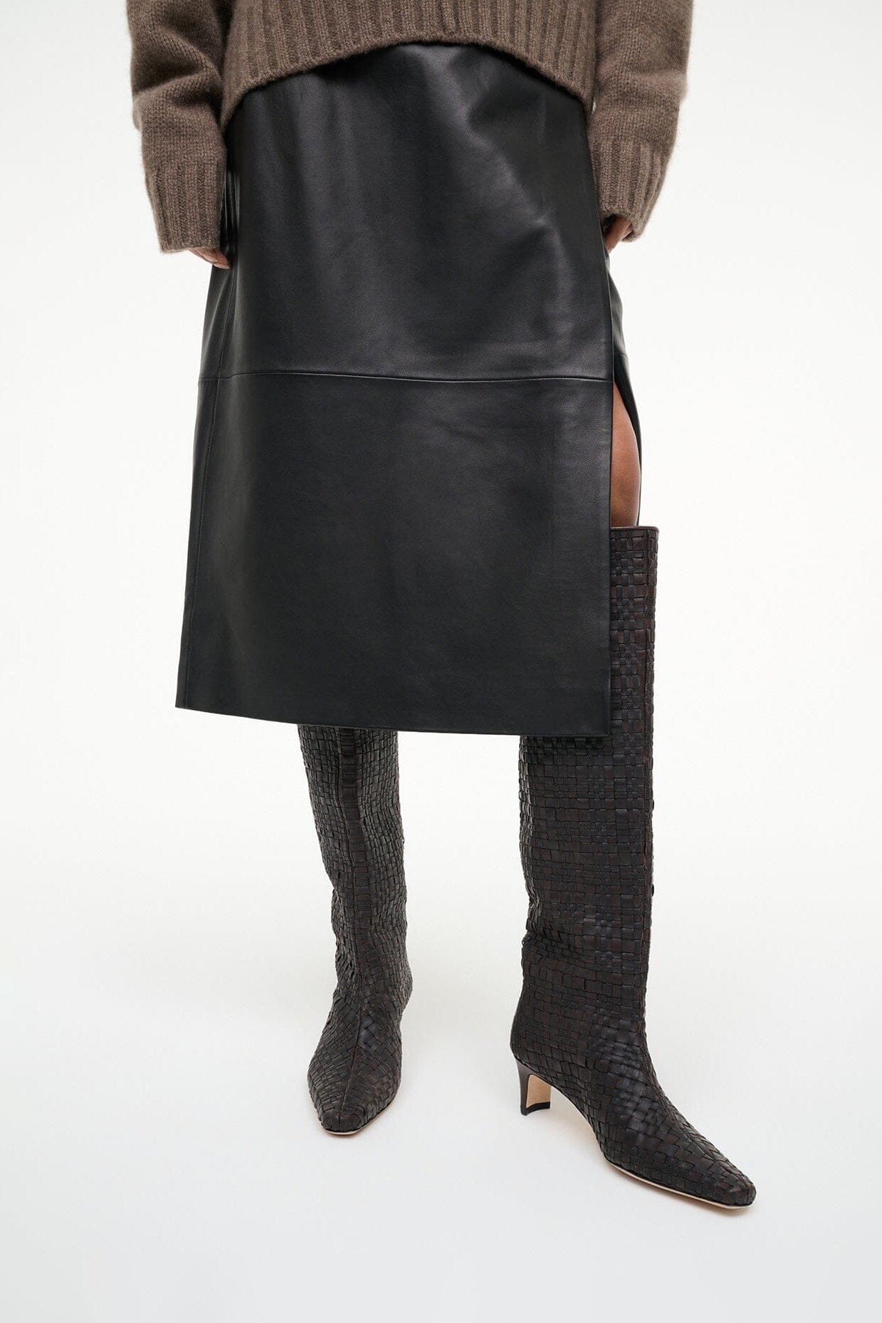 Espresso woven leather mid-calf boots with block heel
