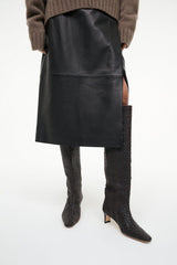 Espresso woven leather mid-calf boots with block heel