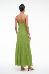Back view of garden green strapless maxi dress in textured fabric