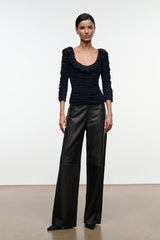 Black ruched off-shoulder top with ruffle sleeves and gathered neckline