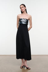 Black strapless midi dress with silver sequined bustier panel and straight skirt