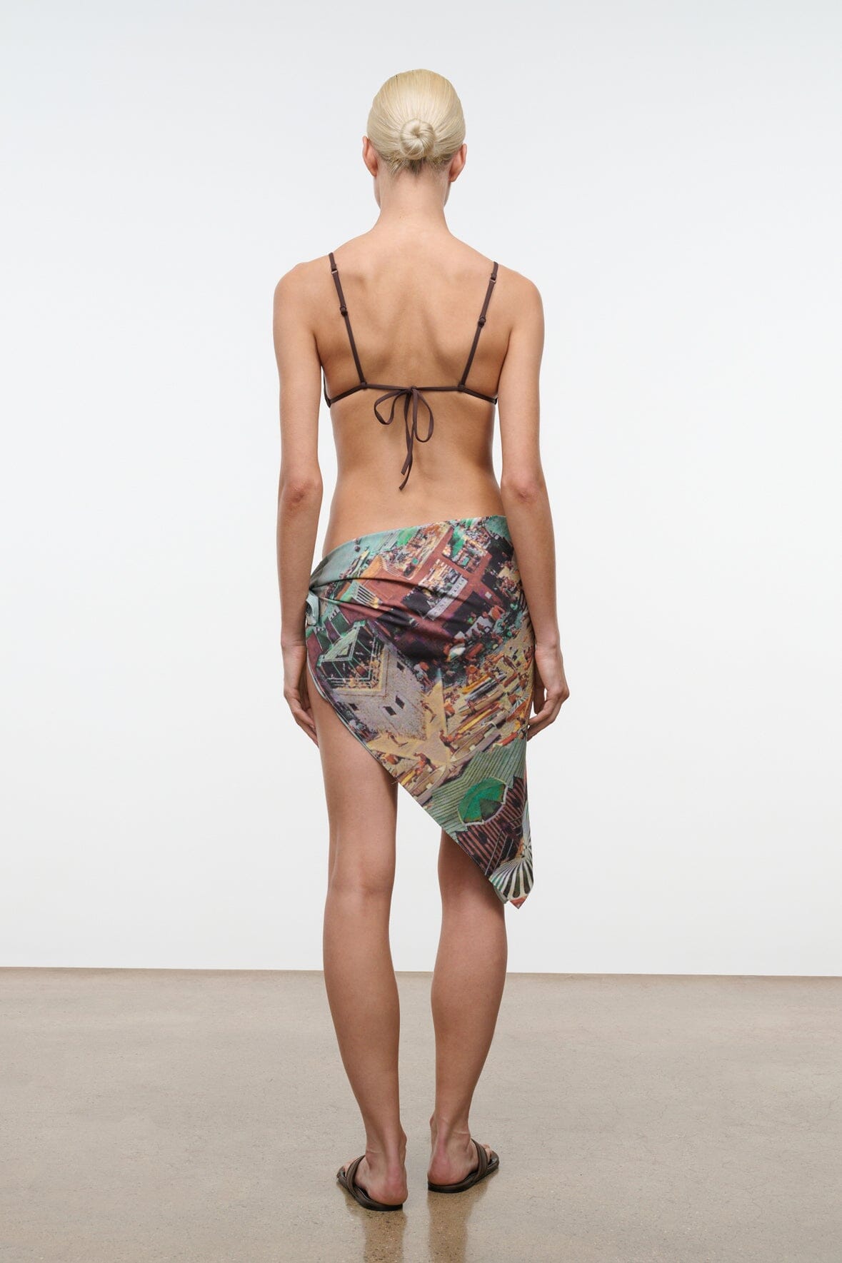 CECILE scarf wrap with teal and multicolor print tied at waist, long drape