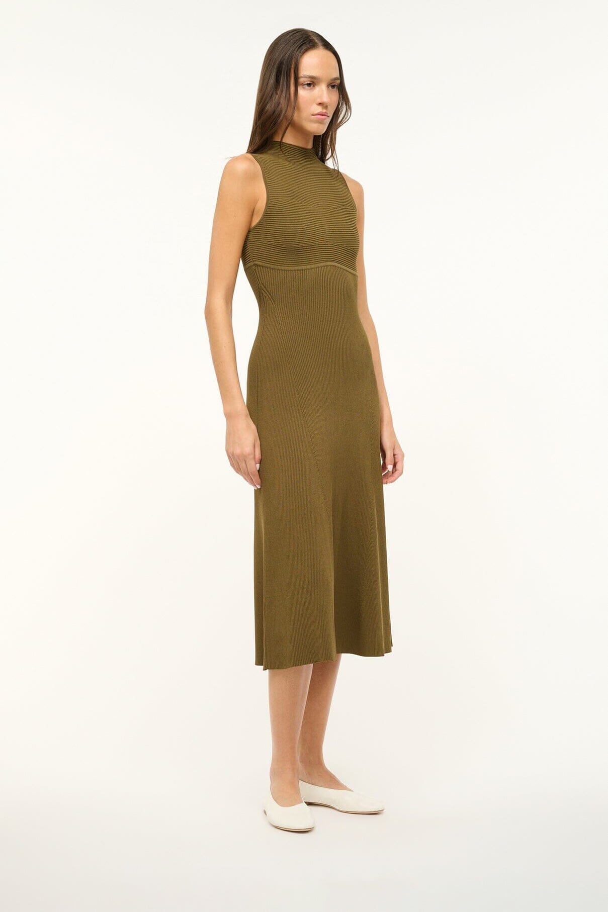 Paper ballet flats on model, side profile with rounded toe