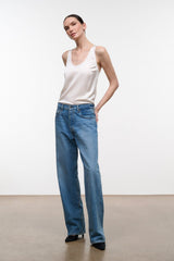 Medium-wash boyfriend jeans with relaxed fit, wide legs, and button waist