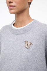 Heather grey cashmere sweater with crew neck and embroidered dog face logo