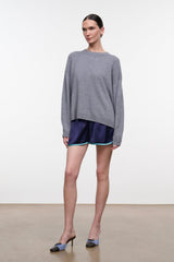 Ash gray cashmere relaxed crewneck sweater with wide long sleeves and ribbed hem