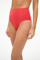 High-rise bikini bottom in red with full back coverage and clean waistband