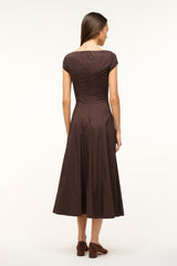 Women's dark brown short-sleeve square-neck dress, back view with cinched waist