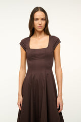 Women's dark brown short-sleeve square-neck dress with pleated skirt