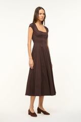 Women's dark brown short-sleeve fit-and-flare dress, angled side view