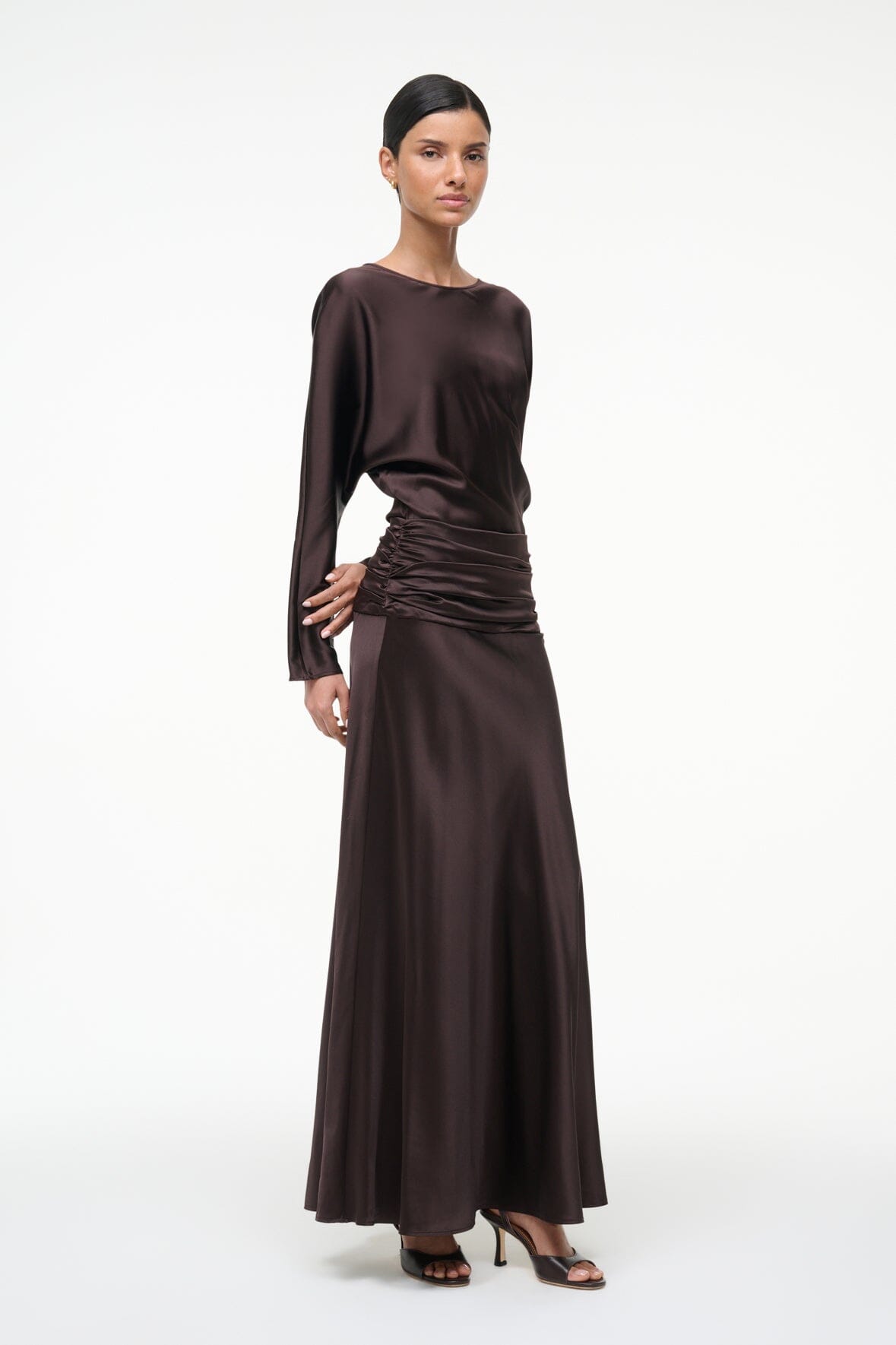 Silk maxi dress, dark brown, long sleeves, boat neckline, gathered waist seam.