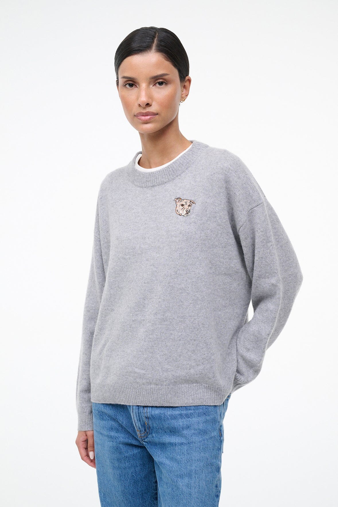Heather grey cashmere crewneck sweater, embroidered dog face at chest