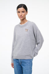 Heather grey cashmere crewneck sweater, embroidered dog face at chest
