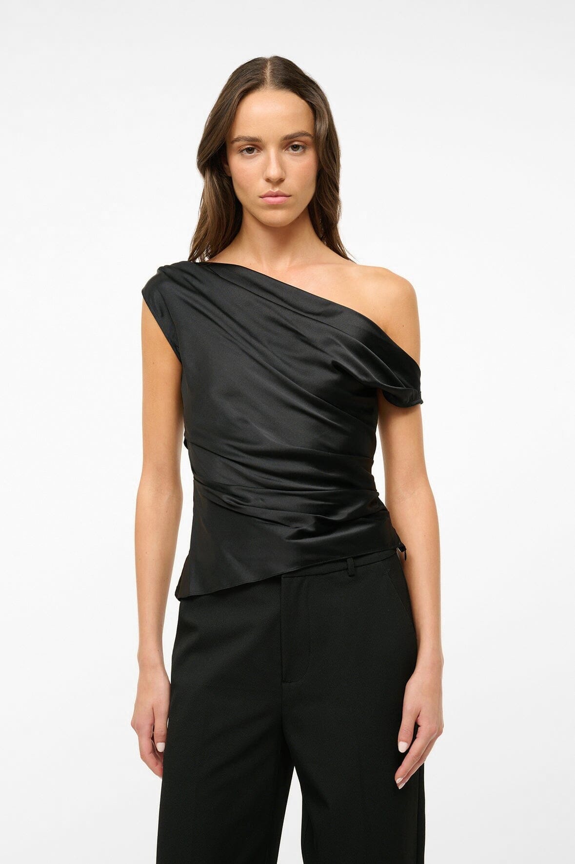 PHARE black silk one-shoulder top with diagonal drape and ruched detail
