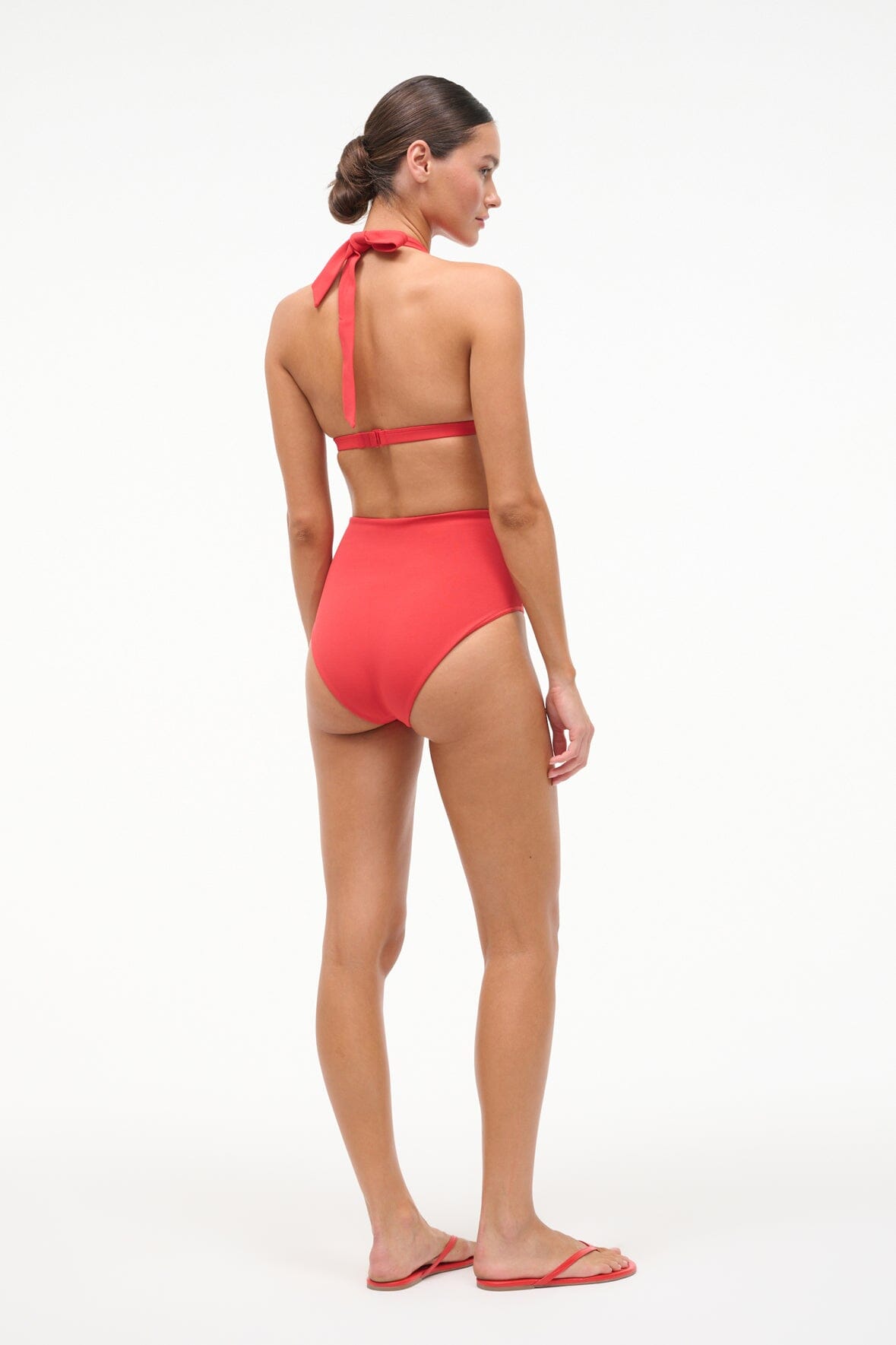 High-rise bikini bottom in red, back view with high waist and seamless leg openings