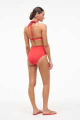 High-rise bikini bottom in red, back view with high waist and seamless leg openings
