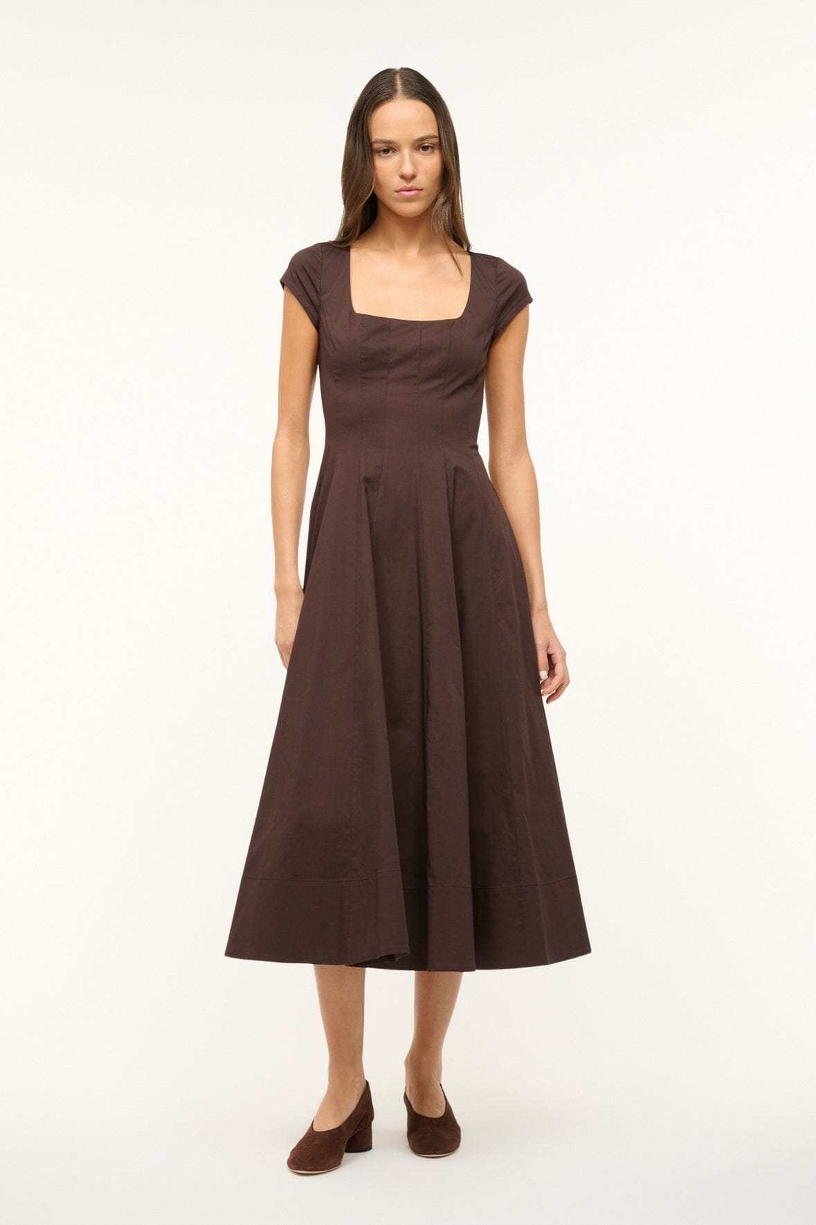 Women's dark brown short-sleeve fit-and-flare dress with square neckline