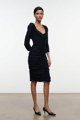 Black ruched V-neck midi dress with long sleeves and fitted silhouette.