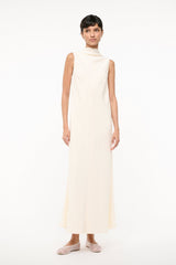 Ivory sleeveless turtleneck midi dress, front view