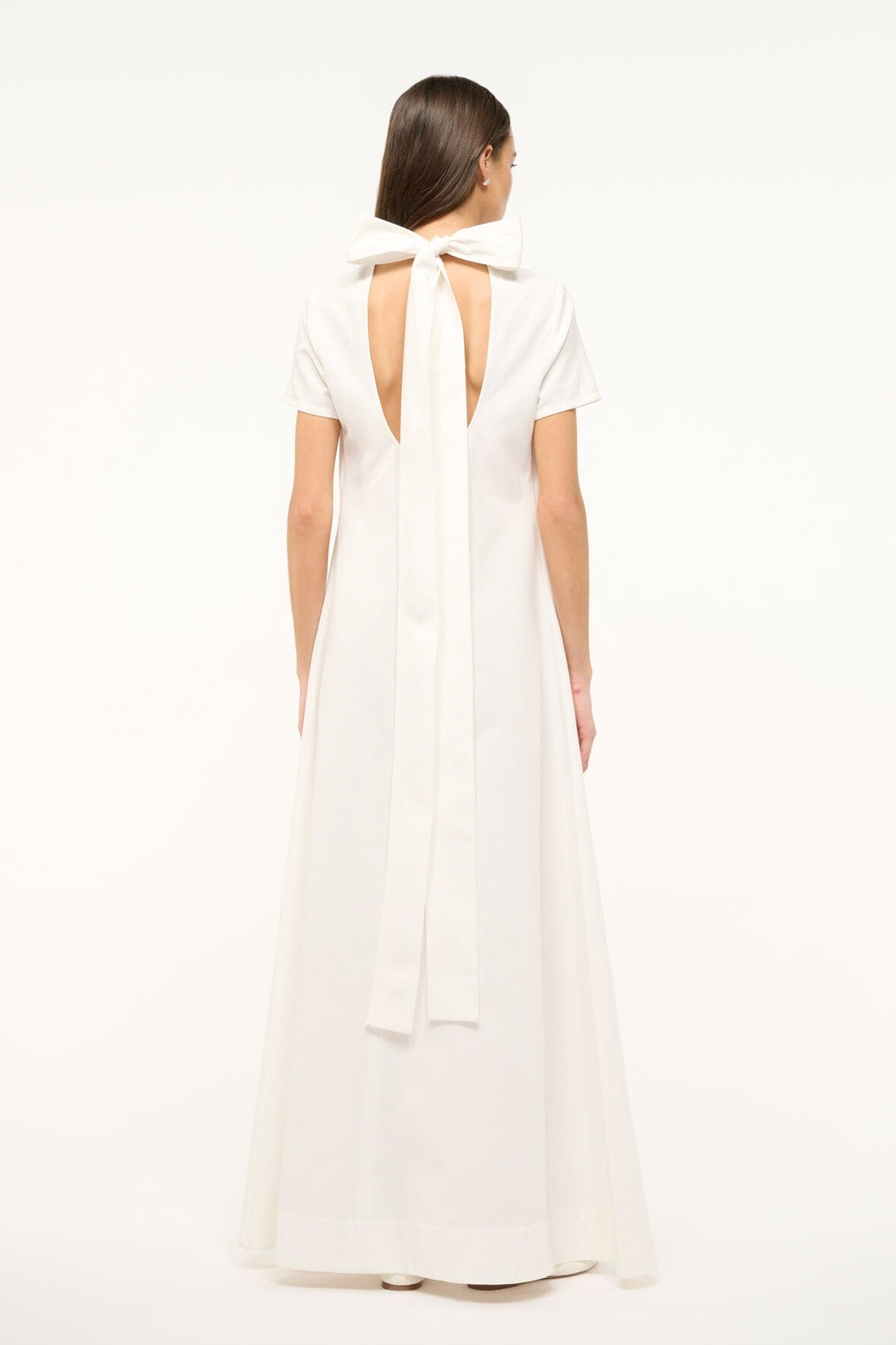 White midi dress, open back with bow-tie strap detail
